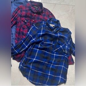 2 ( TWO ) Quality Flannel Plaid Red Blue Button Up Tops Shirts SZ Small Junior